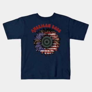 American Babe American Flag Sunflower Kids T-Shirt